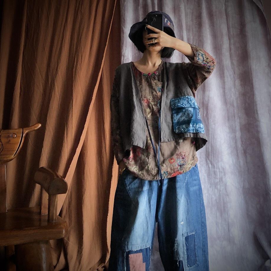 

Gray Artistic Linen Patchwork Lace-Up Cropped Cardigan - Fallen Ancient Chinese Style One size серый