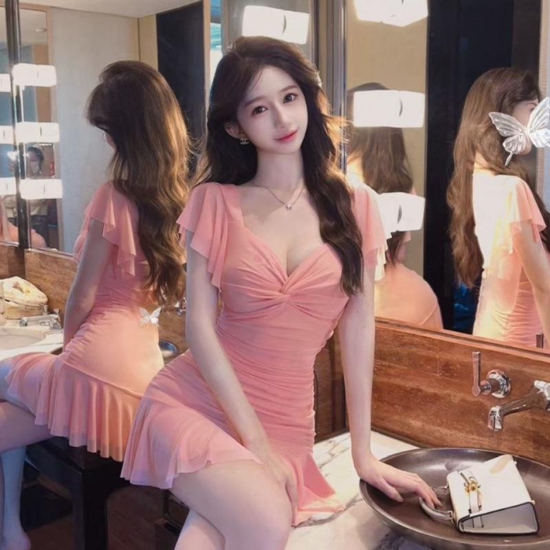 Lady Style Mesh Ruffle Bodycon Dress - Waist-Slimming A-Line Skirt