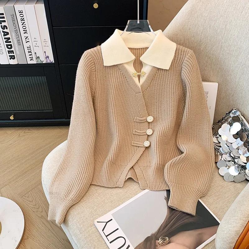 Autumn Spring Design Splicing Slim Women Knitted Cardigan Sweater Jacket Fashion Fake Two Items Loose Ladies Top