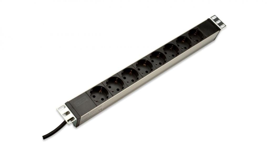 Power Strip PDU 19 Rack, 8x Schuko Socket, 2.0M, 1x Unischuko Plug, 16A, Aluminum Dn-95401