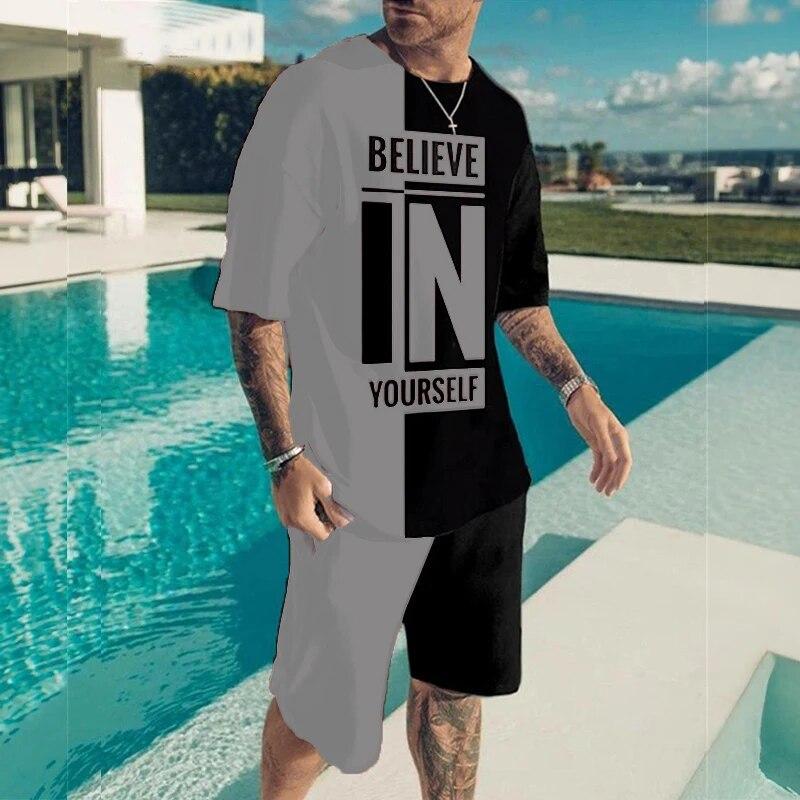 Móda Letní 2dílné soupravy Tepláky Pánské oversized oblečení Retro plážový styl 3D tisk trička Pánský oblek Tričko Šortky