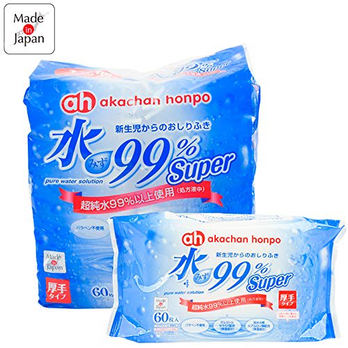 Akachan Honpo Baby Honpo 99% Water Super Thick Baby Wipes, 60 sheets x 10 packs
