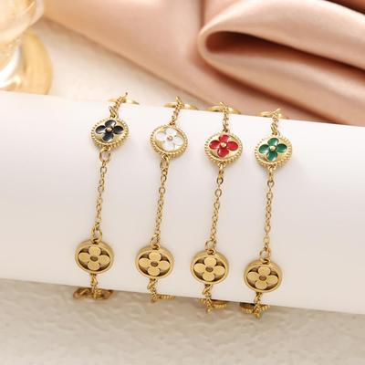Koreanischer Stil Vierblättriges Kleeblatt Süßer Tropfenöl Armband, Leichter Luxus Titanstahl mit 18 Karat Vergoldung