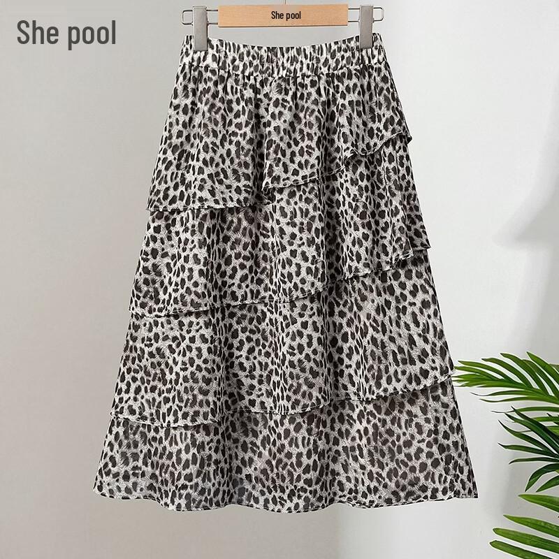 Leopard Print Ruffle Layered Midi Skirt One Size