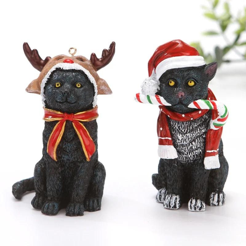 Christmas Cat Sculpture Pendant Christmas Resin Craft Figurines Hanging Decorations for Desktop Xmas Tree Holiday Party Home