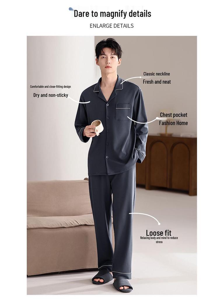 Men's Long Sleeve Cotton Pajama Set, Plus Size, Solid Color, Two-Piece for Spring and Autumn 2025.