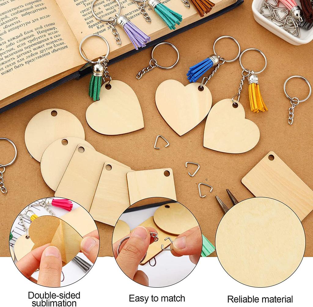 96/160PCS Unfinished Wooden Keychains Blank Sublimate Keychain Key Ring With Leather Tassel For Decor Making DIY Craft Tags