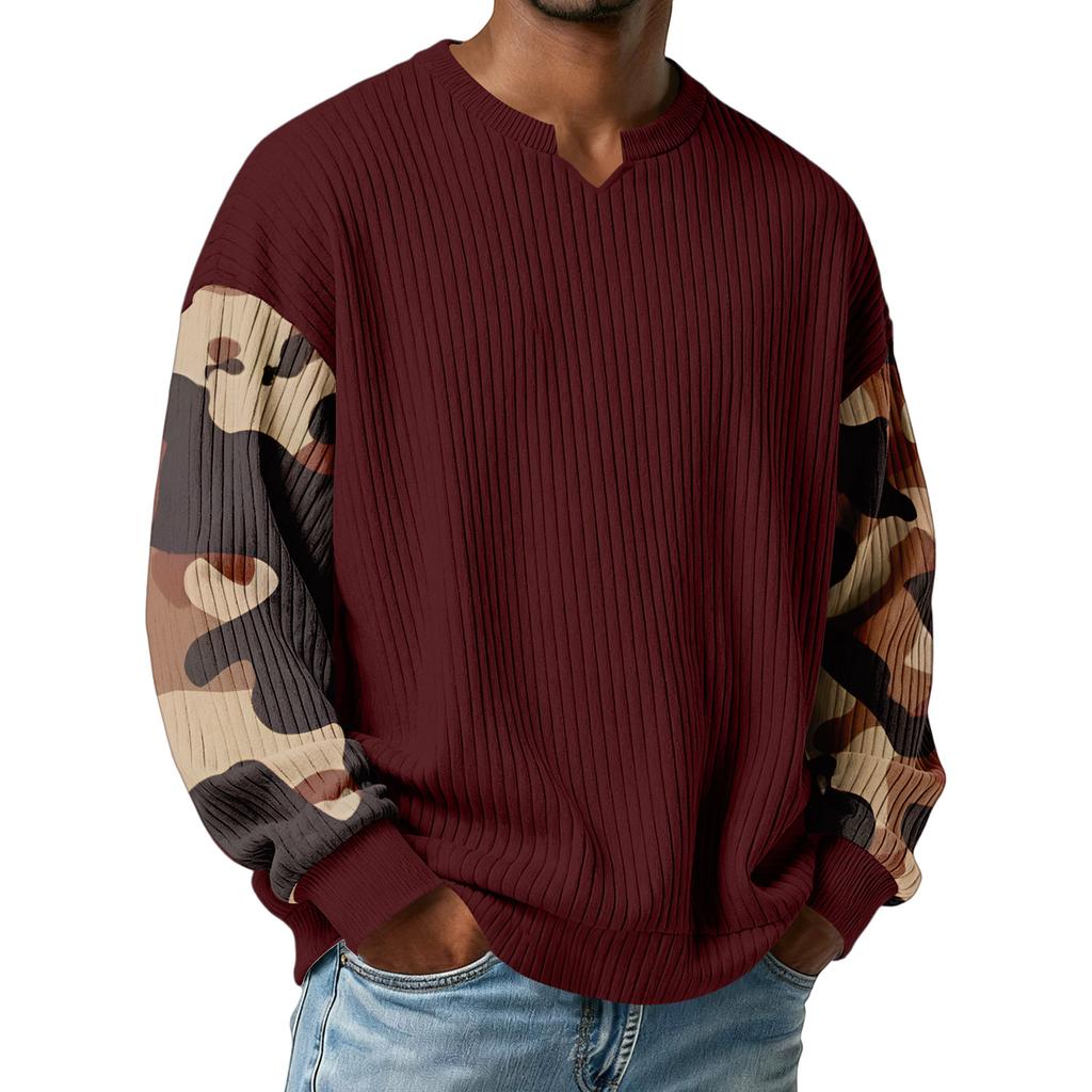 Herren Camouflage Stilvolles V-Ausschnitt Geripptes Strukturiertes Langarm-T-Shirt