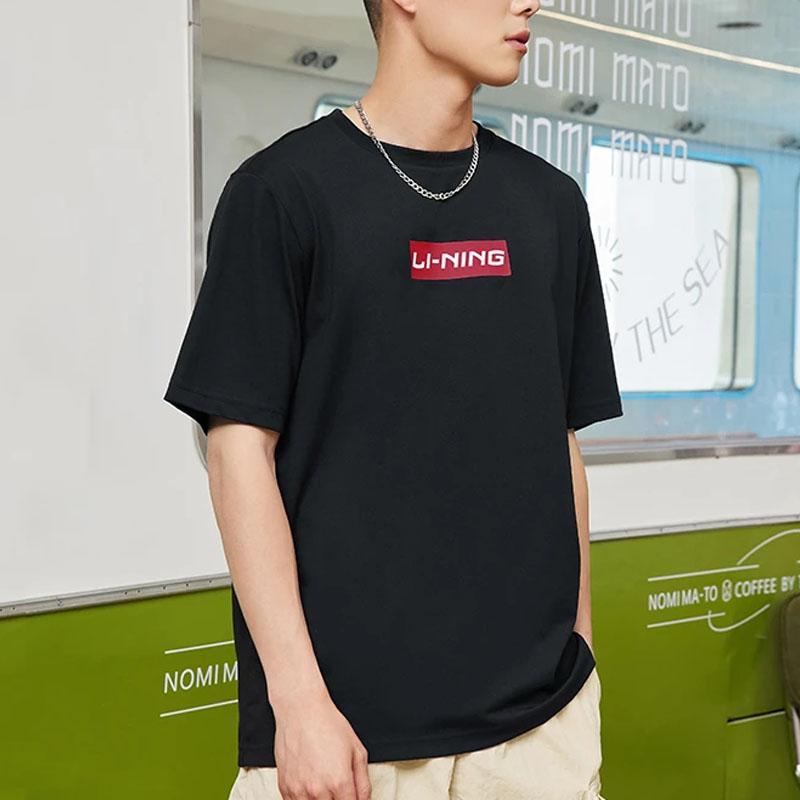Li-Ning Sports Fashion Series Letter Logo Print Solid Color Round Neck Short Sleeve T-Shirt Unisex Tops Black AHSSC17-2