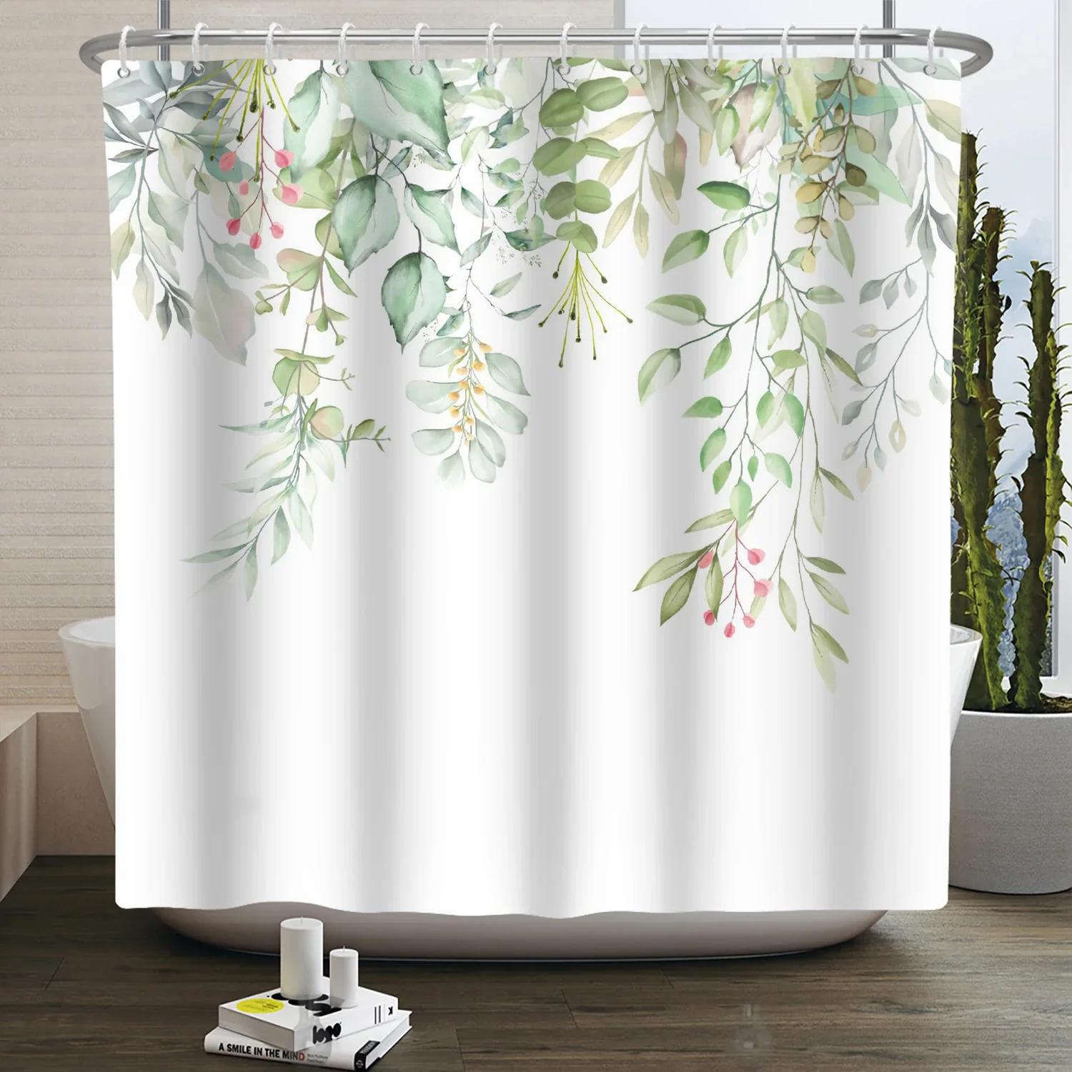 

Watercolor Green Leaf Shower Curtain For Bathroom Vines Plant Nordic Minimalist Polyester Botanic Curtain For Home Hotel W60H190(CM)-1 Pcs