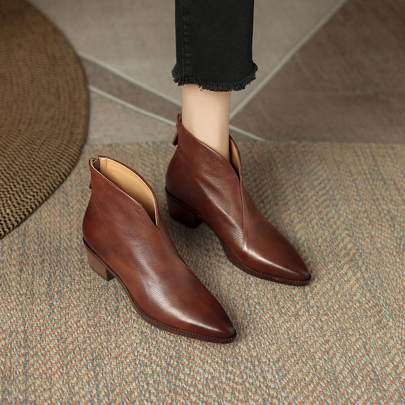 2024 Tömör Alap Női Bokacsizma Spitze Orr Érett Cipők Nő Hátul Cipzáros Ősz Tél Új Valódi Bőr Irodai Hölgy