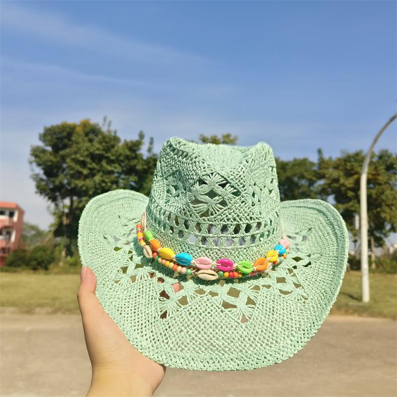 Cowboy Straw Hat for Women Fashion Seashell Straw Cowboy Hat Beach Summer Cowboy Sunshade Jazz Hat Sombrero Vaquero Hombre