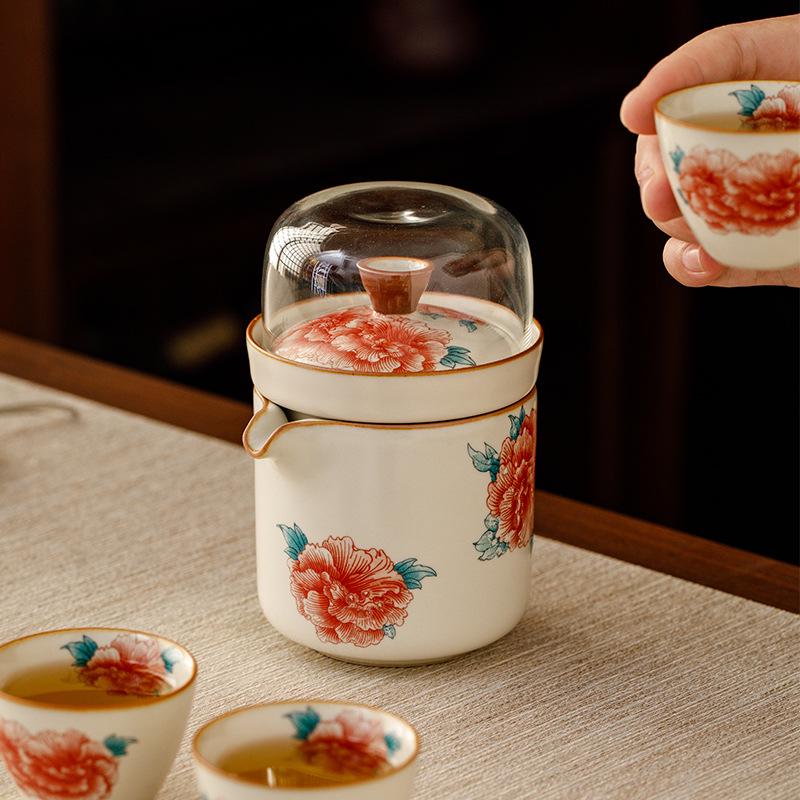Ru Kiln Peony Quick Cup: Portable Outdoor Tea Set with One Pot and Four Cups