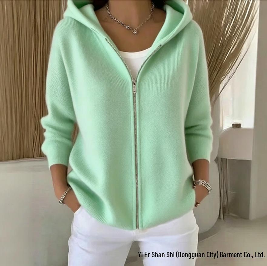 Autumn 2026 Hooded Zipper Knit Cardigan - European & American Style, Women's Loose Solid Color Long Sleeve Sweater