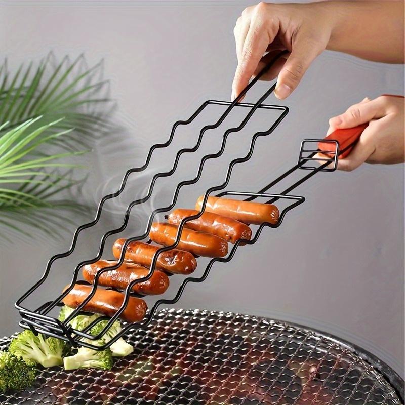 Multifunctional Carbon Steel BBQ Sausage Grilling Basket Outdoor Camping Barbecue Tool With Heat Resistant Handle Meat Sausage