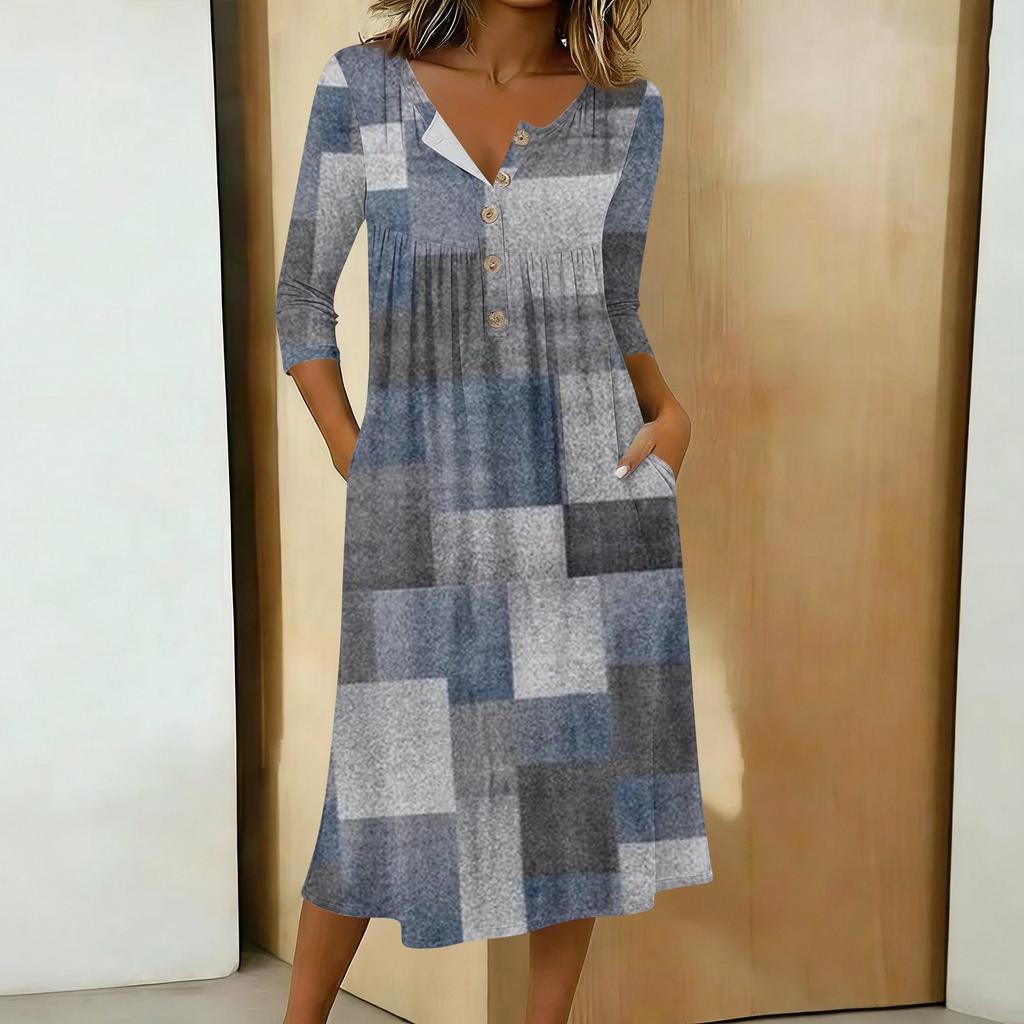 Women's Fashionable Color Printed Round Neck 3/4 Sleeve Button Collar Mid Length Casual Dress