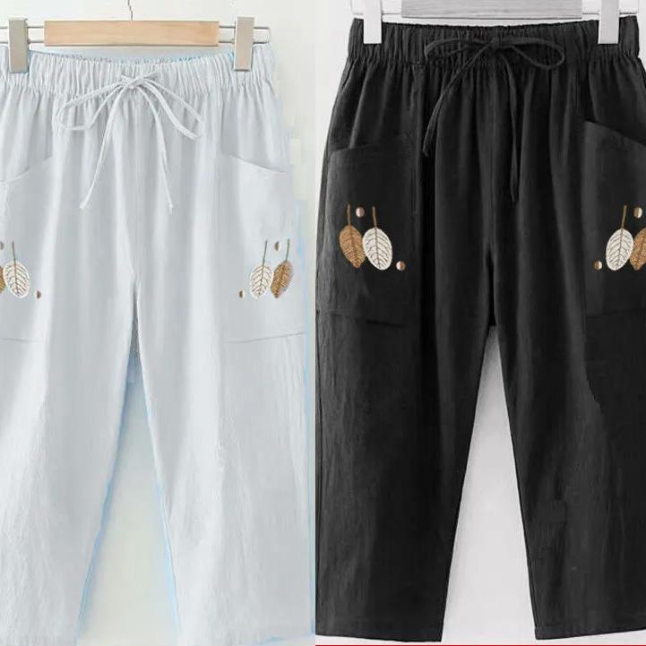 Tynne 100 % bomullsbukser, sommernye, store størrelser, broderte, rette bukser, dame, elastisk midje, allsidig, casual capris
