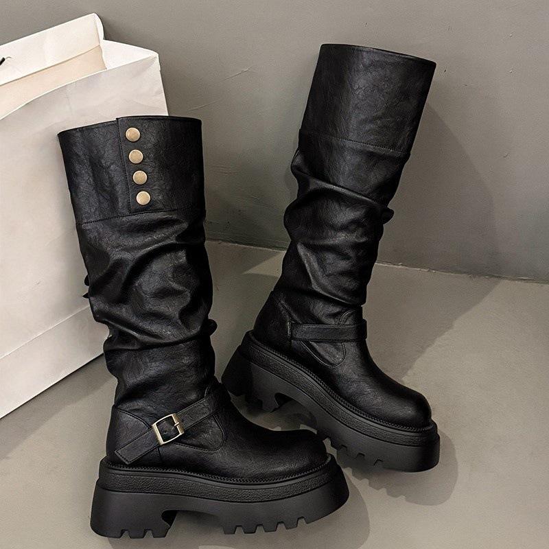 

The retro long boots for women in the autumn are new thick-soled, chunky high-top boots that can be folded twice wear P337 40 чёрный