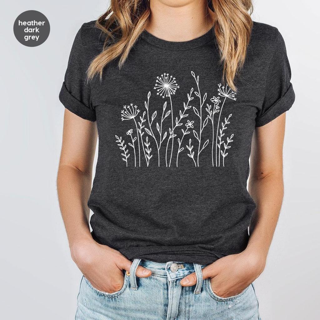 Minimalist T-Shirts, Gifts for Women, Flowers Crewneck Sweatshirt, Aesthetic Tees, Floral Shirts for Women, Wild Flowers Graphic Tees