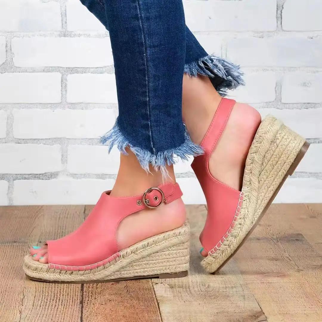 

Женские босоножки на высоком каблуке, туфли на танкетке, открытые кожаные босоножки, летние женские босоножки на платформе с открытым носком Femmerf65 43 розовый