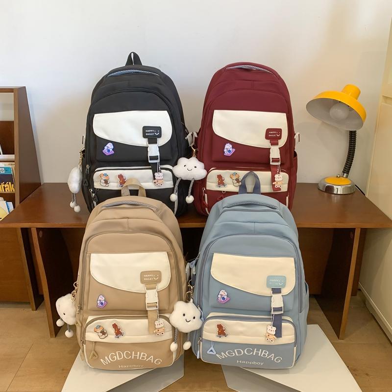 Women Contrast Color Large Capacity Schoolbag Letter Print Backpack for Middle School Students