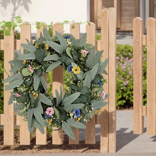 42cm Spring Eucalyptus Wreath with Rabbit Ears for All Season Door Wall Mantel Decoration Green Plastic Silk Material