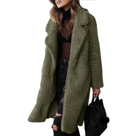Women Autumn Winter Thickened Plush Coat Lapel Long Sleeve Woolen Coat Solid Color Casual Long Outwear