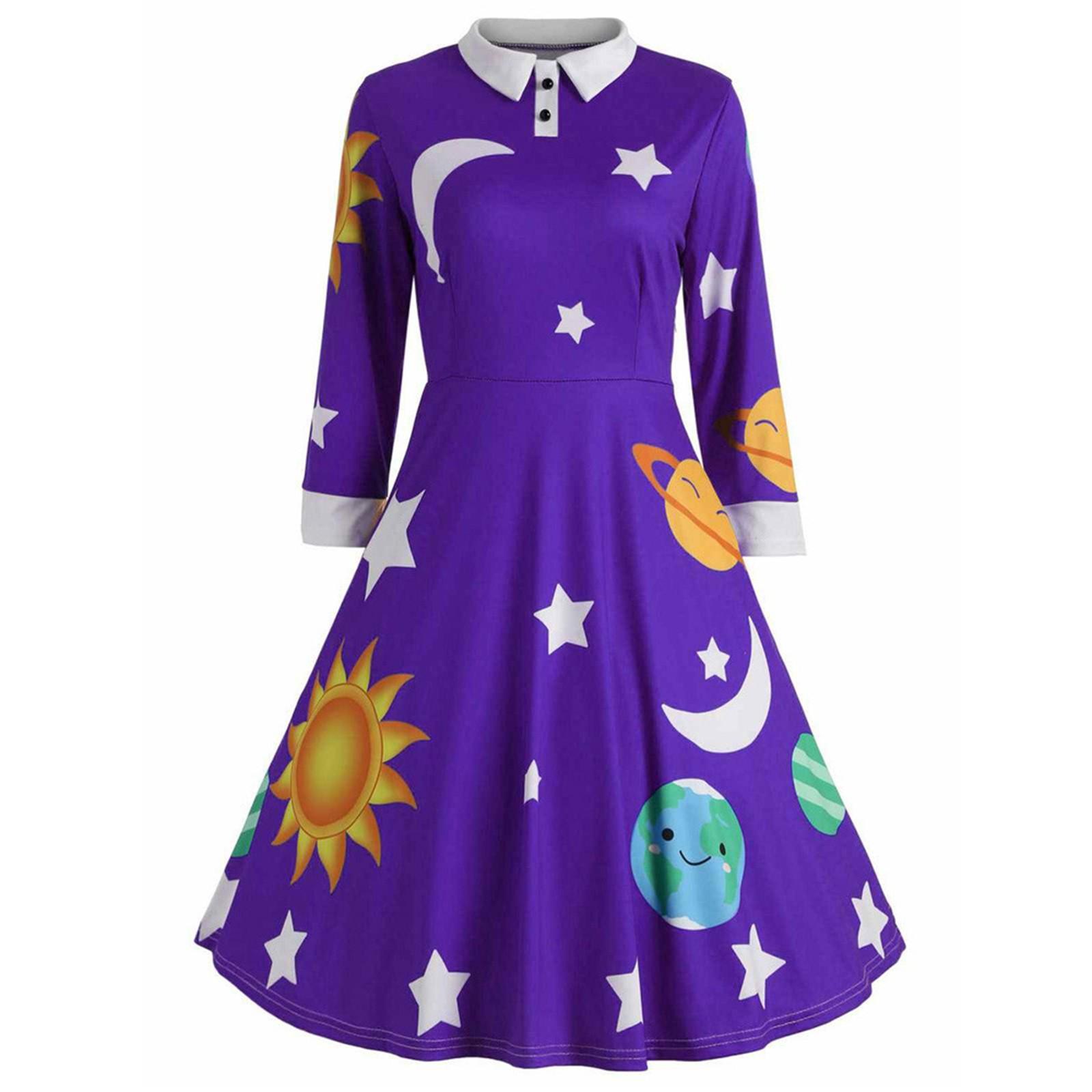 

Женское винтажное вечернее платье трапециевидной формы с принтом планеты и воротником-стойкой M фиолетовый