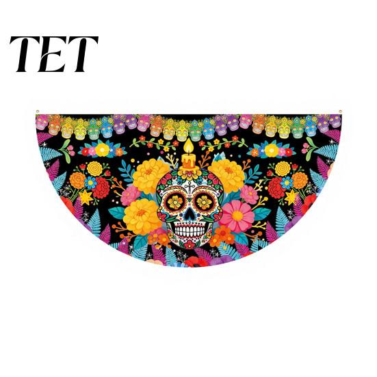 Colorful Cemetery Memorial Flag Day of The Dead Skull Bunting Banner, Marigold Print Fiesta Hanging Flag, Sugar Outdoor Yard Party Decor Floral