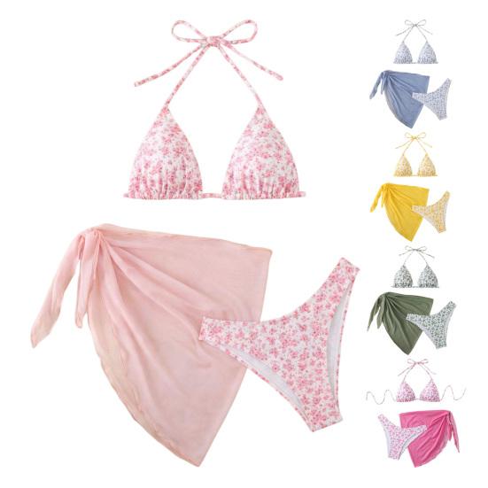 3-tlg./Set Damen Blumenmuster Bikini-Set Neckholder Gepolstert Ohne Bügel BH Schnelltrocknend Badehose Unifarben Überwurf Rock Set Sommer Strandmode