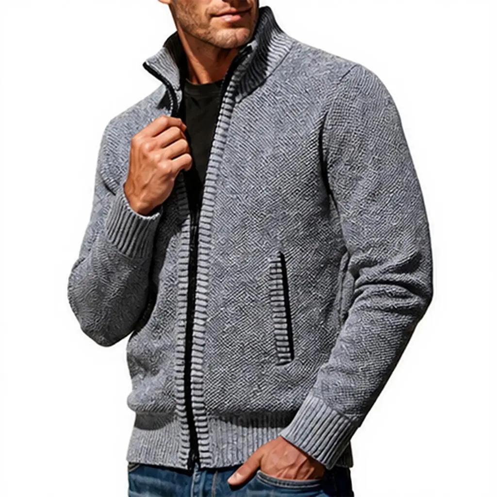 Men's Lined Long Sleeve Zip Up Sweater Cardigan with Stand Collar and Color Block Design