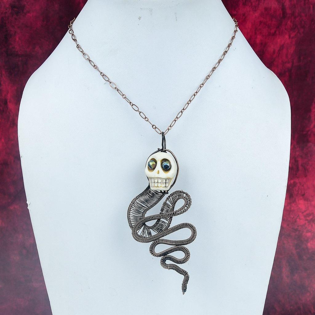 Howlite Copper Wire Wrapped Pendant Titanium Bead Eyes Handmade Jewelry Skull Bone Face Pendant