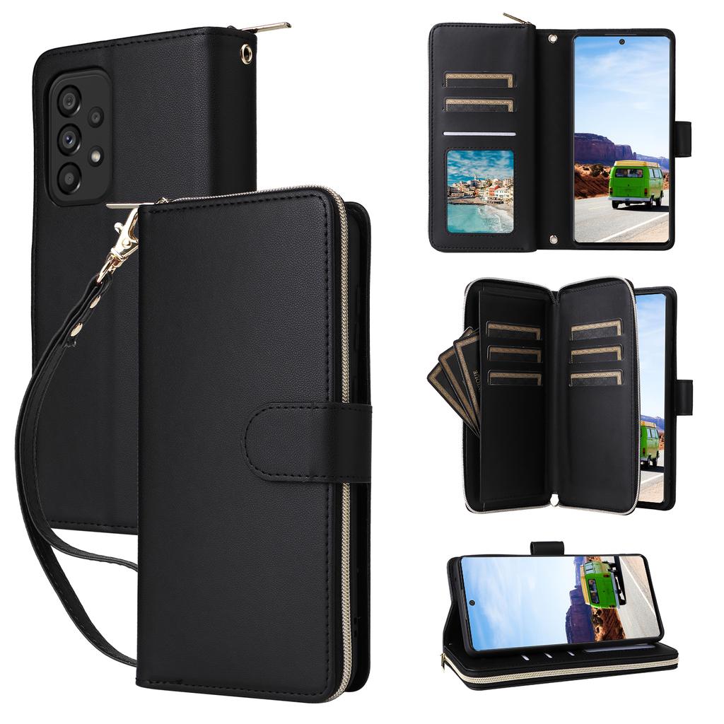 R20 Für Samsung Galaxy A53 5G Hülle Reißverschluss Leder Handyhülle mit 9 Kartenfächern