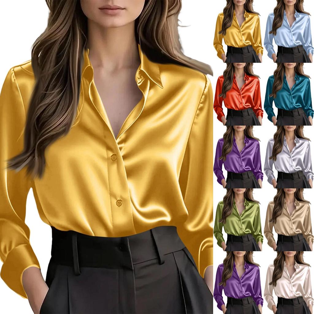 Women's V-Neck Button Down Shirt Long Sleeve Color Casual Blouse for Work Daily Wear