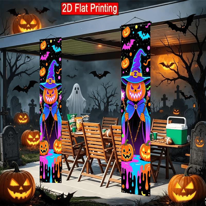 2D Flat, 2pc2D Flat Neon Cartoon Graffiti Style Halloween Themed Porch Banner, 30.48x179.83 cm Polyester Door Couplet, Pumpkin Wizard Design, Suitable