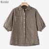 ZANZEA Women Casual Turn Down Collar Grid Print Loose Half Sleeve Blouse