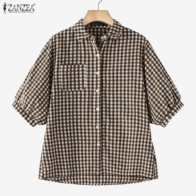 ZANZEA Women Casual Turn Down Collar Grid Print Loose Half Sleeve Blouse
