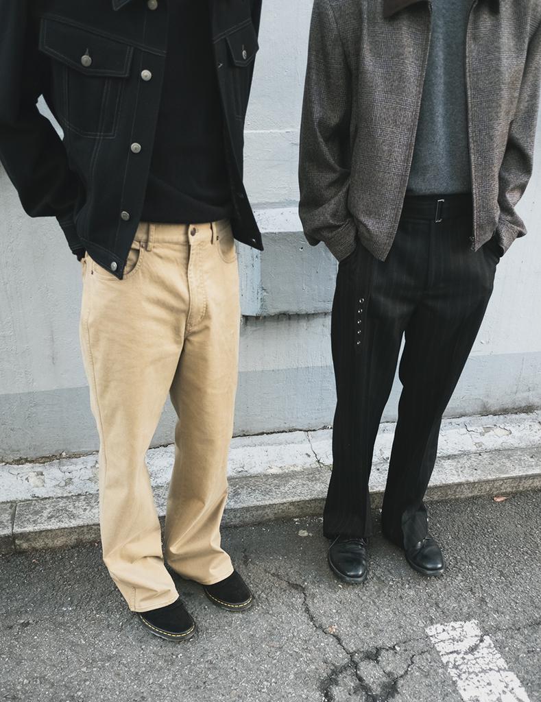 Pokeopeiseu Herringbone Belted Straight Flare Trousers Black