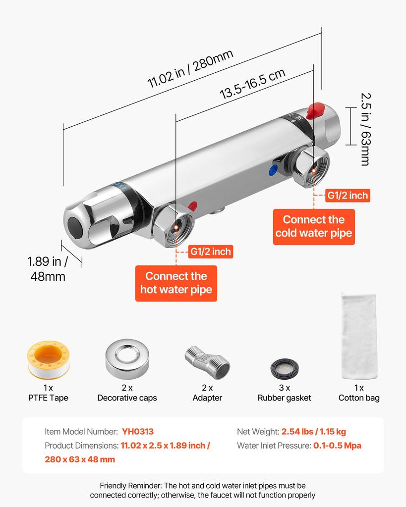 VEVOR Thermostatic Shower Faucet Valve, Anti-Scald 38 Degrees C Secure Lock Thermostatic Shower Mixer Valve