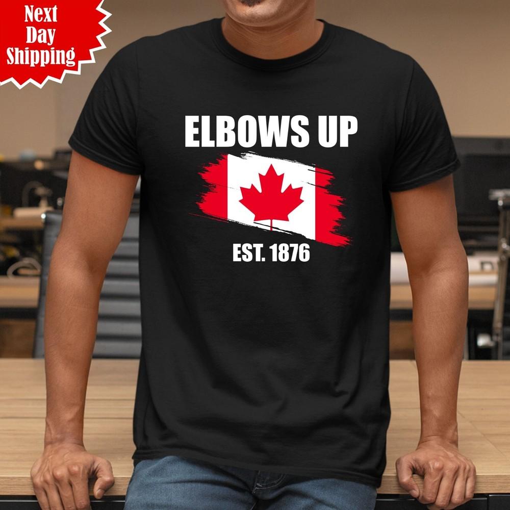 

Футболка Elbows Up Canada Est 1876 с принтом Гордый канадский сильный кленовый лист S