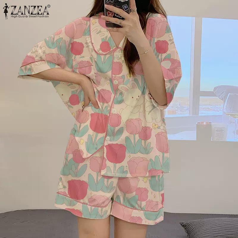 

ZANZEA Женская повседневная блузка и шорты, летняя одежда для сна, комплект из 2 предметов, пижамные костюмы