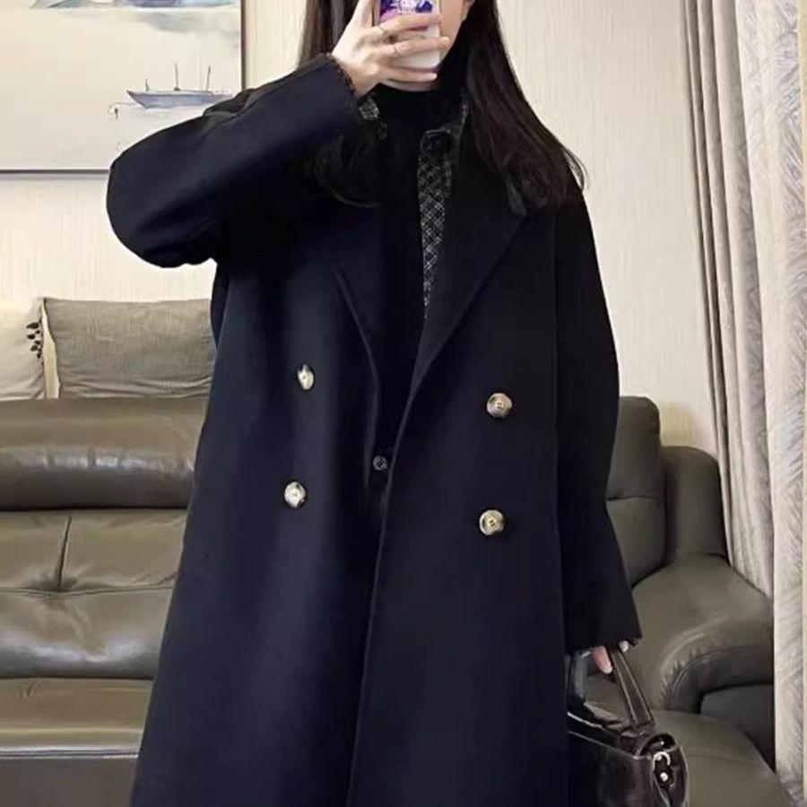 

Women s Long Double-breasted Oat-colored Coat L чёрный