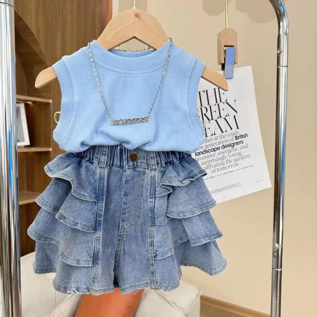 Girls' Summer Set Korean Sleeveless Vest Solid Color Sweet and Trendy Pleated Skirt Pants Stylish and Trendy