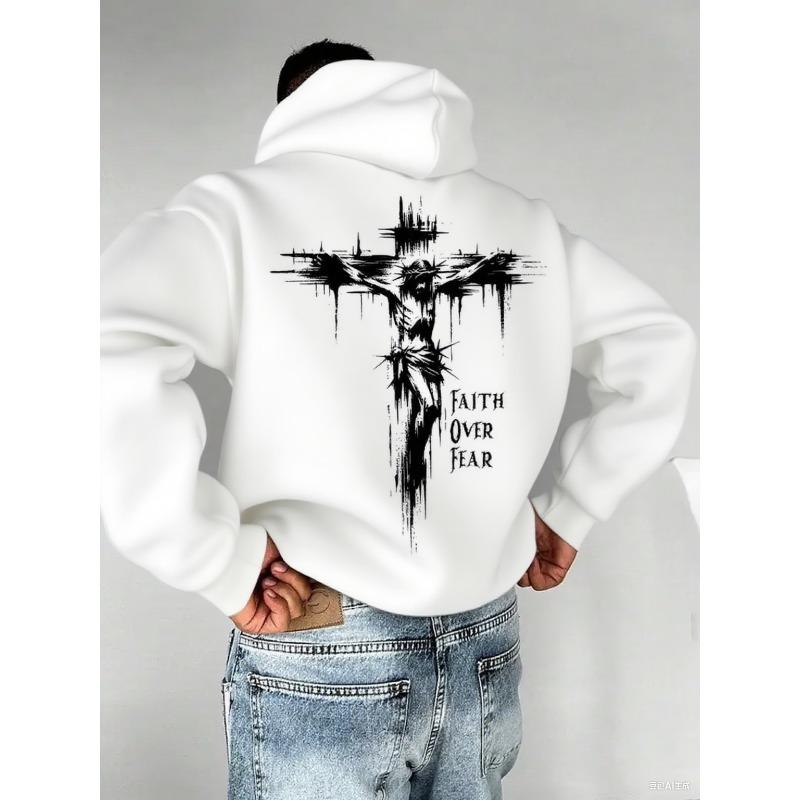 A Men's Hoodie with the Words "Christian Faith Overcomes Fear" Printed On It Features a Cross-shaped Design On the Back