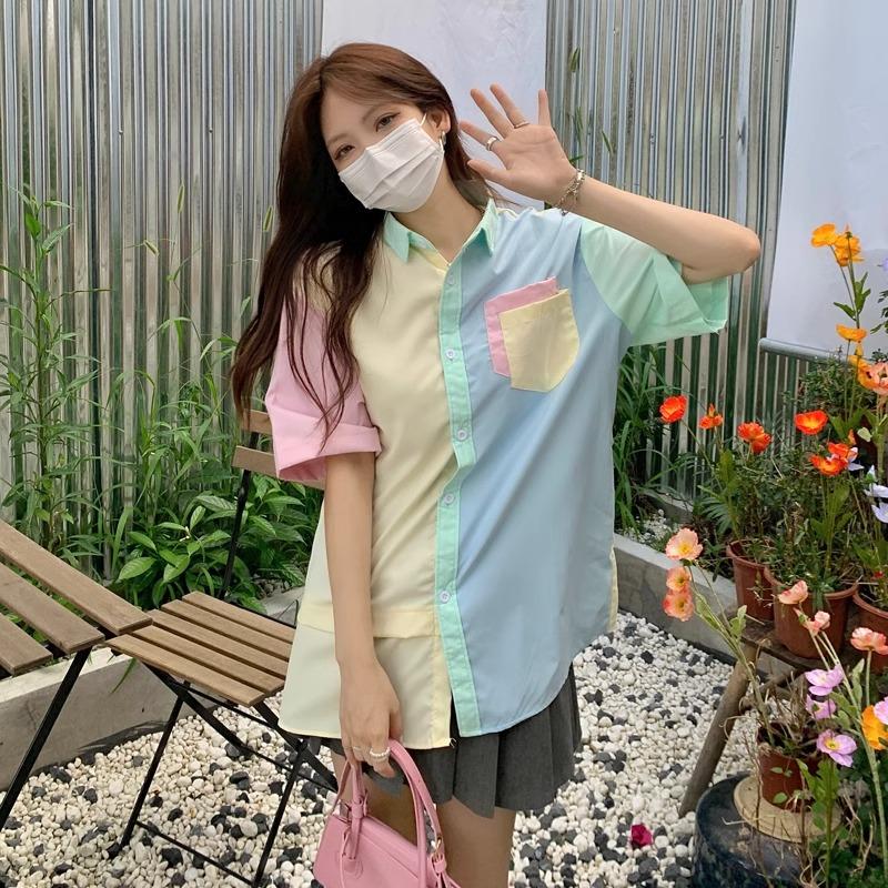 Camicie Patchwork Colorate Dolci Estive Studente Manica Corta Monopetto Harajuku Ampie Casual