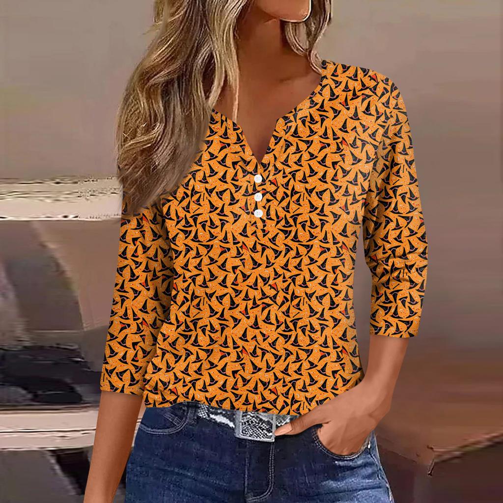 Damesmode Casual Halloween Print V-hals Korte Mouw Decoratieve Knop Driekwart Mouw T-shirt Top