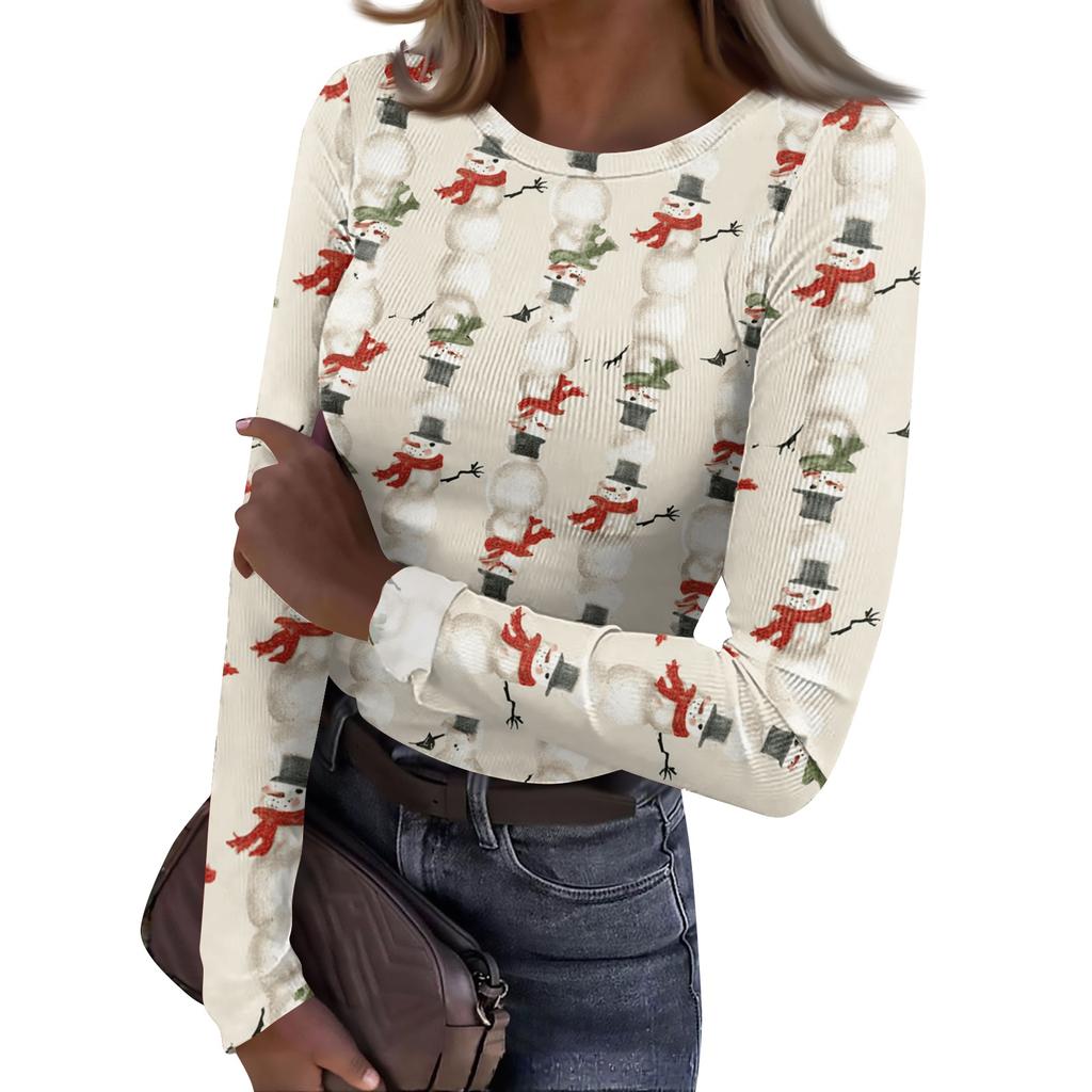 Women's Casual Christmas Print Long Sleeve Ribbed Neck Top
