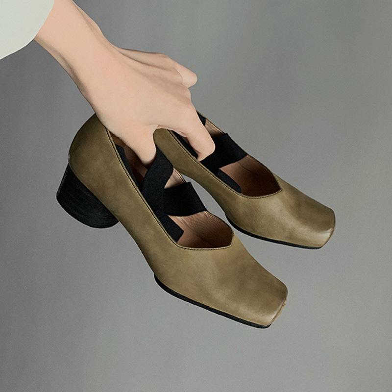 Heels Women Shoes Leather Mary Jane Single Shoes Retro Cross Strap Square Head Comfortable Thick Heel High Heel Ballet Shoes