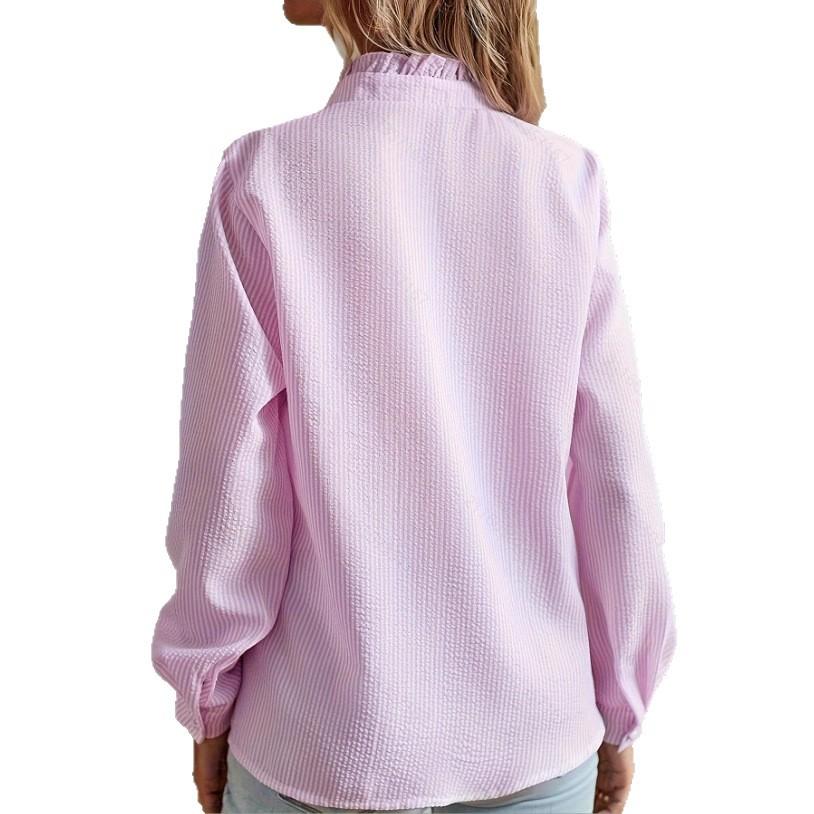 Women's Autumn Ruffle Placket Long Sleeve Blouse Striped Button Down Stand Collar Crinkled Casual Office Daily Wear Shirt Top