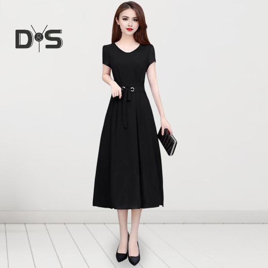 Summer Lady Dress Round Neck A-line Short Sleeves Slim Waist Plus Size Pure Color Slim Fit Mid-calf Length OL Commute Midi Dress